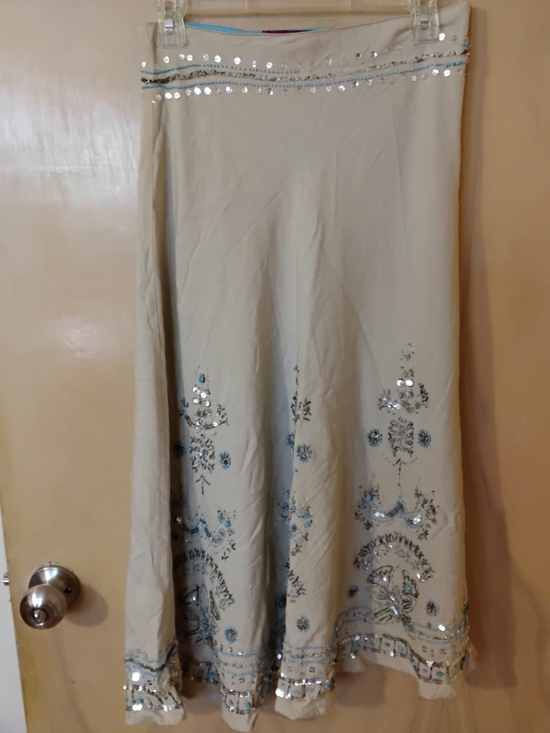 Mix Nouveau Dresses & Skirts - Beige  Embellished Maxi Skirt with Silver And Blue Stones Accents